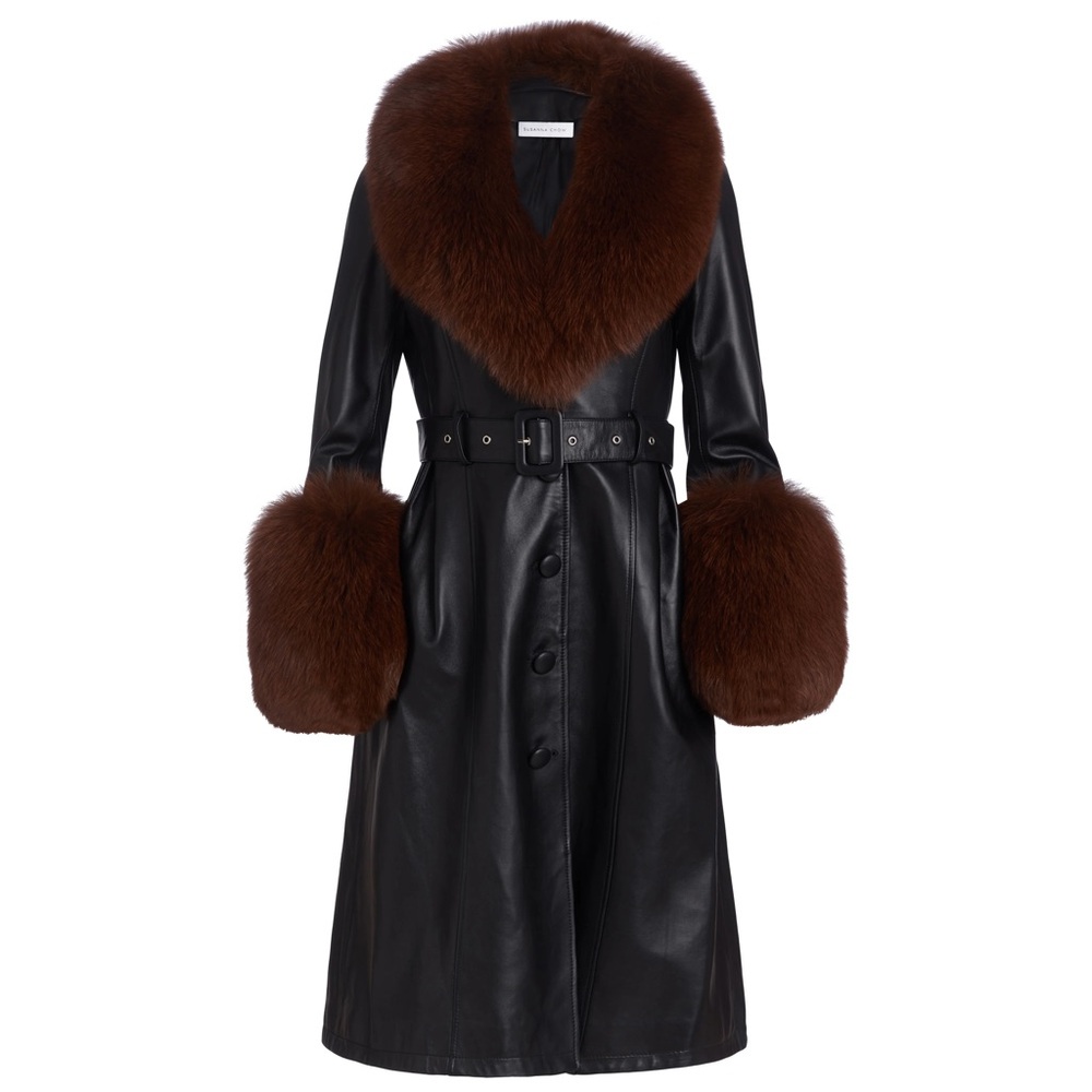 Susanna Chow Black Leather Jacket with Brown Fur Trim and Belt. Worn once.